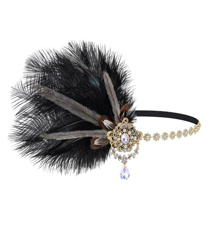 1920s Flapper Feather Headpiece - Black Great Gatsby Hair Accessory