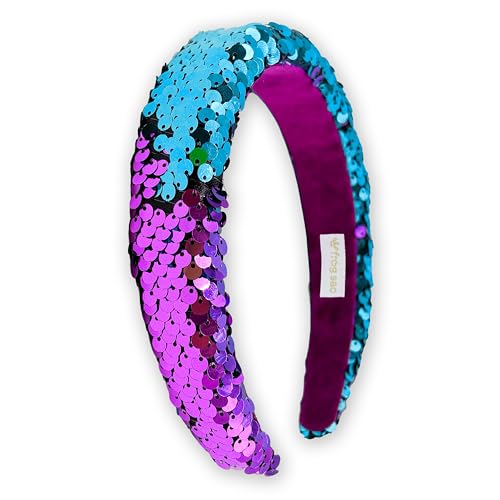 FROG SAC Reversible Sequin Headband for Girls, Teal/Purple Sparkly Rainbow Kids Hair Accessory