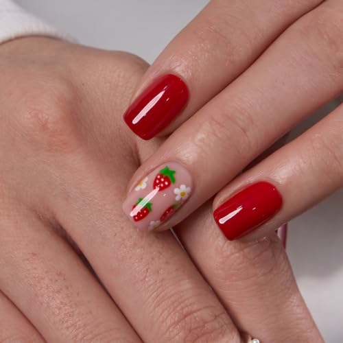 CurvLife Strawberry Kiss Short Square Press On Nails - 32PCS