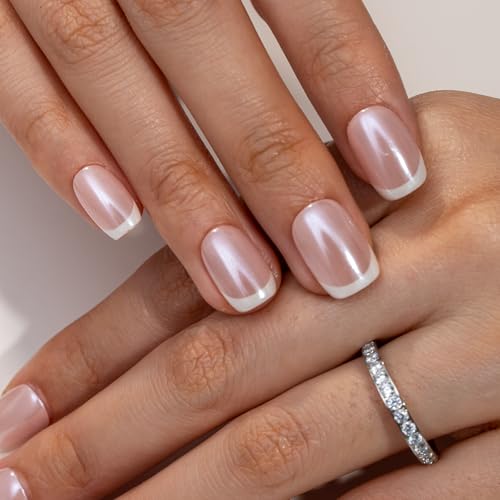 CurvLife Short Square French Tip Press-On Nails, 32PCS Nude Gel