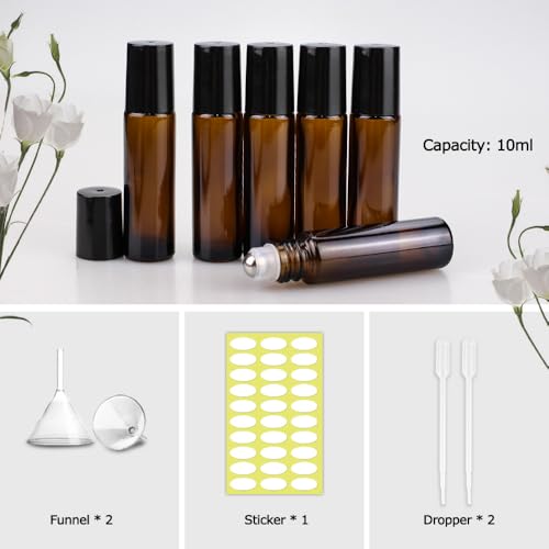 Sungwoo 10ml Amber Glass Roller Bottles - 25 Pack Leak-Proof Essential Oils