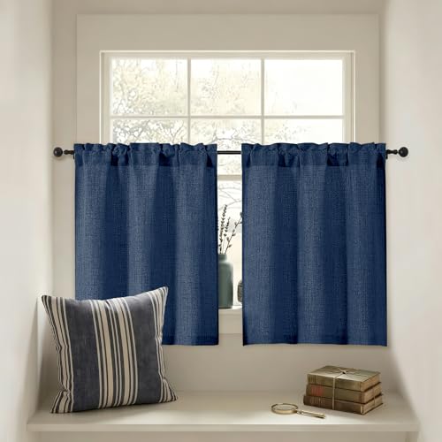 Gwine Navy Blue Short Kitchen Curtains - 30 Inch Light Filtering Drapes, 2 Panels