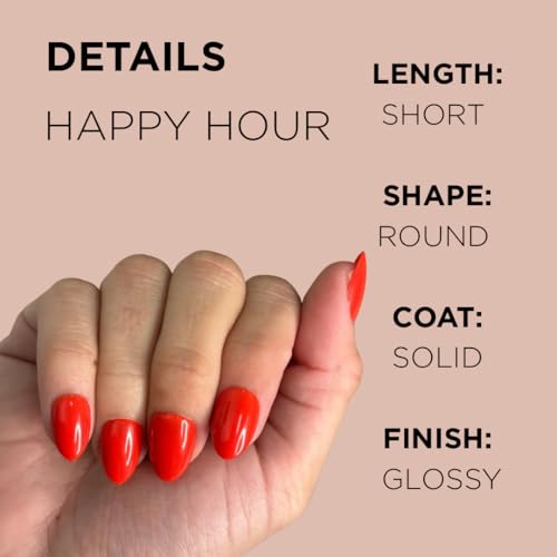 HAPPY HOUR Short Round Press-On Nails - Bright Orange-Red Glossy Finish