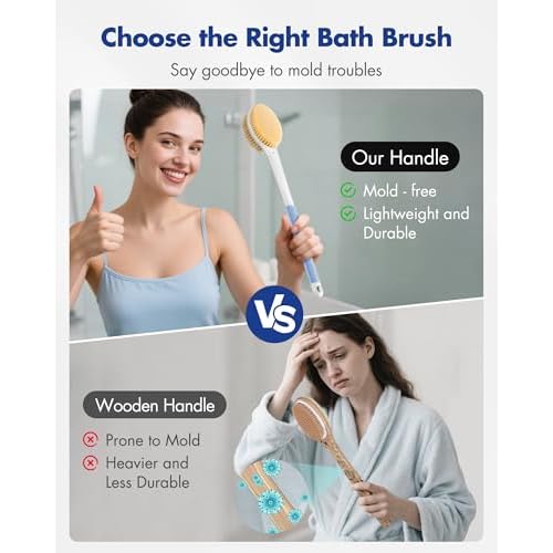 Back Scrubber Body Shower Brush: Anti Slip Long Handle Bath Brush with Stiff and Soft Bristles - Showering Exfoliator Wet or Dry Brushing for Women, Men, Elderly (Blue)