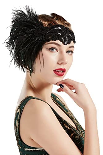 Black 1920s Flapper Headband with Feather - Gatsby Accessory