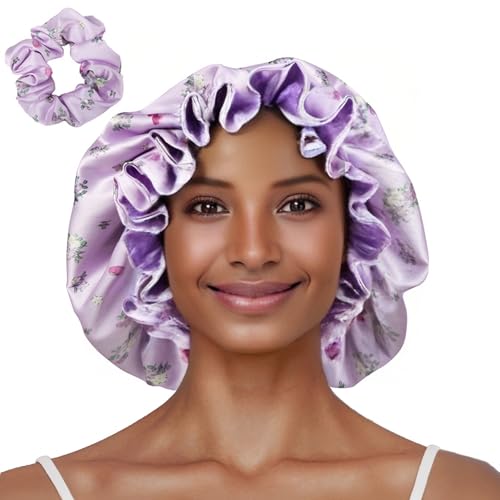 Vettres Purple-Rabbit Satin Sleep Bonnet with Scrunchie Set for Hair Protection
