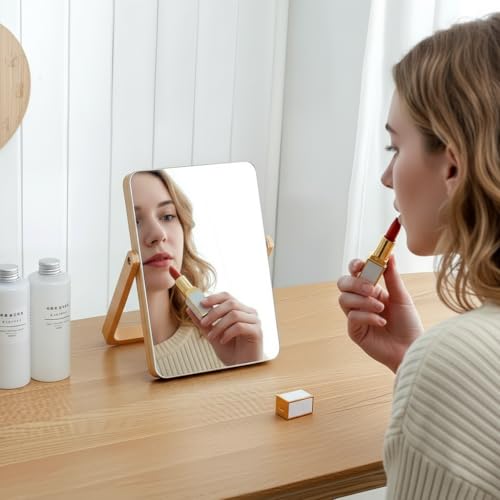 Desk Makeup Mirror with Wood Stand – Small Tabletop Vanity Mirror, 360° Rotating