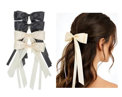 SINNKY 4 Pack Hair Bows for Women Girls - Black & Beige Ribbon Hair Clips