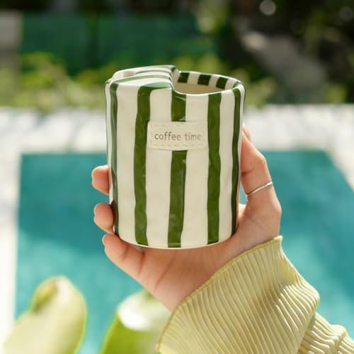 YETESON Retro Handmade Ceramic Travel Coffee Mug - 10oz Green & White Striped