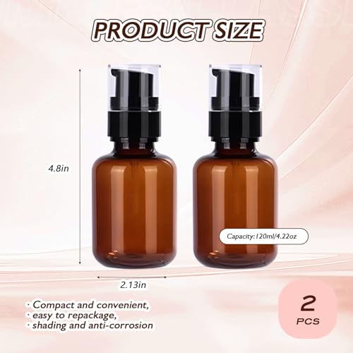 2-Pack 120ml Amber Plastic Lotion Bottles with Pump Travel Refill Containers