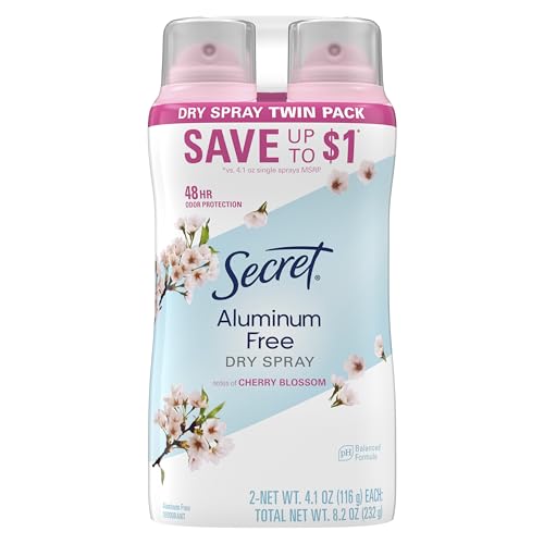 Secret Aluminum-Free Dry Spray Deodorant for Women, Cherry Blossom Scent, 4.1 oz Pack of 2 - 48 Hr Odor Protection, Gentle & Weightless