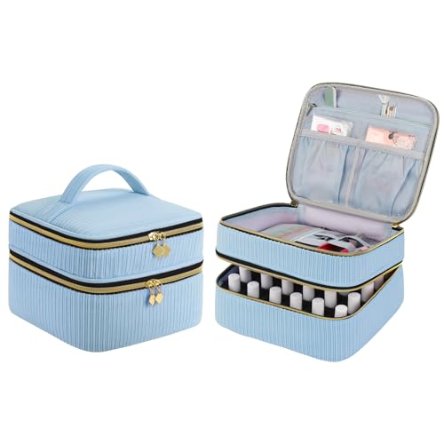 Double-Layer Nail Polish Organizer Case - 30 Bottle Holder Bag (Blue)