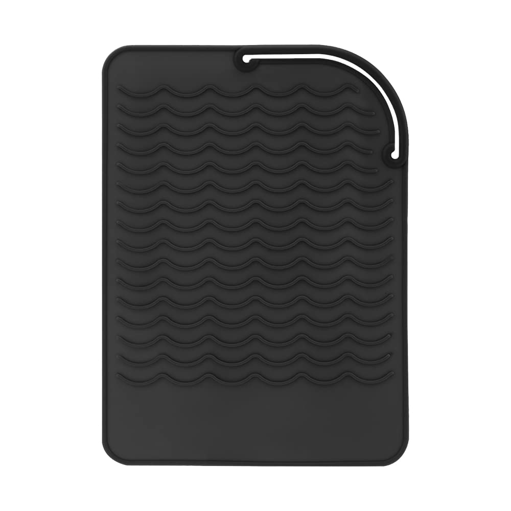 Heat Resistant Mat for Curling Irons & Flat Irons - Food Grade Silicone, 9" x 6.5", Black