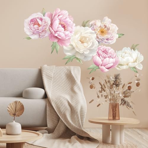 SHUCHING Peony Wall Decal - Large Pink Flower Sticker for Bedroom