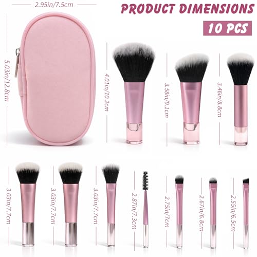10-Piece Mini Pink Travel Makeup Brush Set with Pouch
