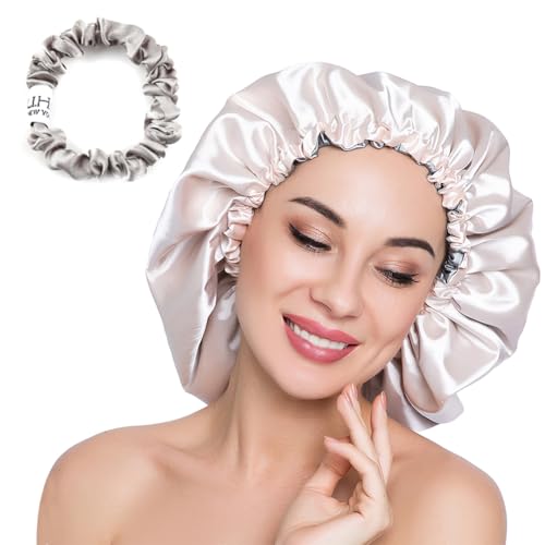X-Large Silky Sleep Cap for Frizzy Hair - Adjustable Satin Bonnet, Reversible Champagne/Grey