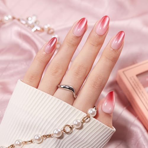 VSALON Short Almond Press On Nails Kit - Pink Cat Eye Ombre, 32 Pcs