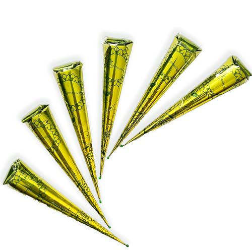 Henna Cone Made from 100% Natural Leaves | Fresh Ready-to-Use Pre-Filled Paste, Henna Tube | Dark Reddish Brown | No Additives | Long Lasting Color | Pack of 6