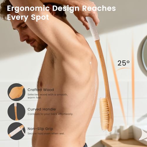 VWMYQ Bamboo Back Scrubber for Shower - 17in Curved Handle, Natural Boar Bristles, Anti-Slip Grip