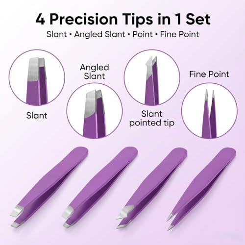 Purple Stainless Steel Tweezers Set with Travel Case - Precision Eyebrow & Facial Hair Removal