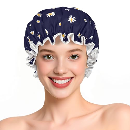 Meliya Daisy Blue Waterproof Shower Cap for Women - Dual-Layer Elastic Hair Cover