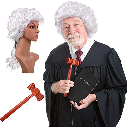 White Judge Wig and Gavel Costume Accessories for Cosplay & Parties