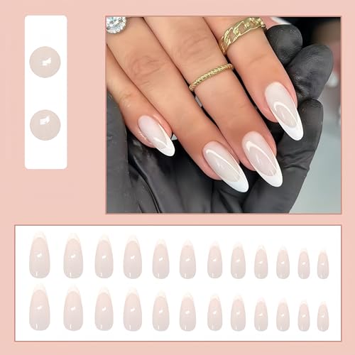 Almond White French Tip Press On Nails - 24 Pcs Reusable Fake Nails