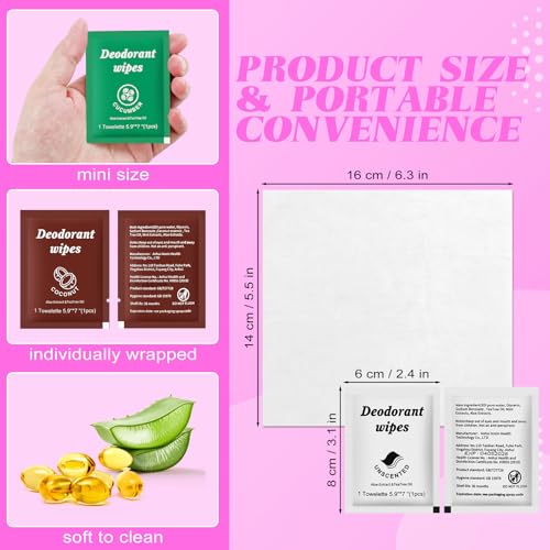 Twoworld 100 Travel Deodorant Wipes, Individually Wrapped, 5.9 x 7 in (Pack of 100)