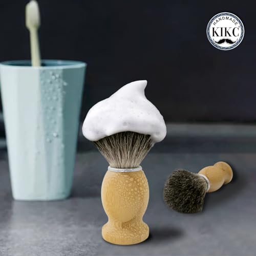 KIKC Hand Crafted Pure Badger Shaving Brush for Wet Shave, Comfortable Bamboo Handle, Soft Bristle, Best Gift for Bearded Man