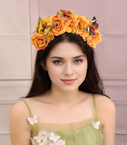 Mexican Rose Flower Crown Headband - Butterfly 1 Orange Elastic