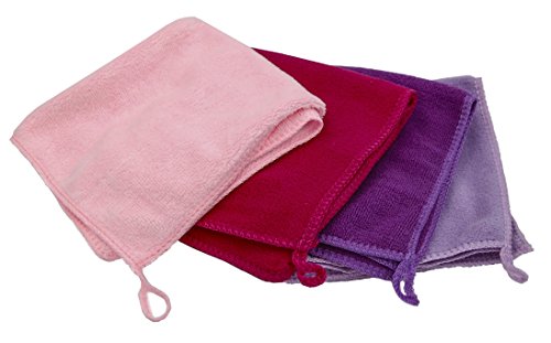 EcoSol Designs Microfiber Cleaning Towels - 4 Pack with Hanging Loops in Pink Dark, Pink Light, Purple & Lavender, 12x12 Inch