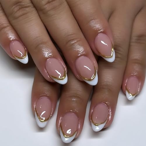 Short Almond Press On Nails - White French Tip with Gold Line