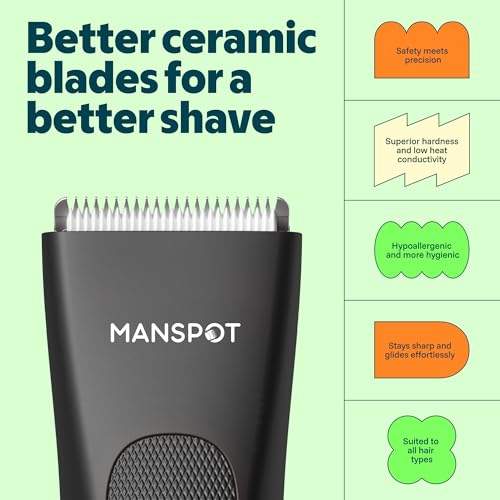 MANSPOT Manscape Groin & Body Hair Trimmer for Men, Electric Ball Pubic Trimmer Shaver,Manscape Kit with 4 Guard,Replaceable Ceramic Blade Heads,Waterproof Wet/Dry Shaver,90 Minutes Shaving