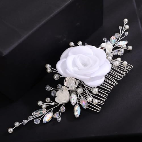 BERYUAN White Rose Wedding Hair Comb AB Rhinestones Bridal Headpiece for Women Girls