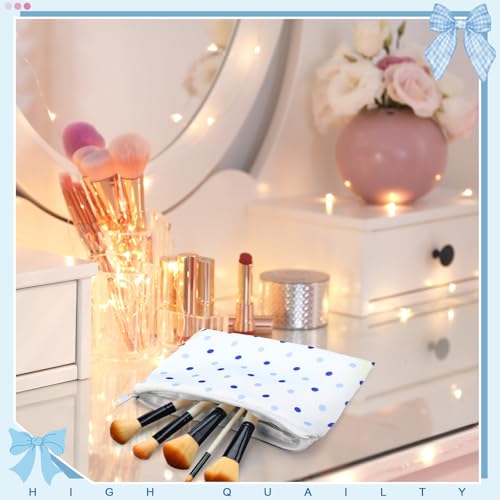 10 Pcs Coquette Bow Makeup Bags, Blue Canvas Cosmetic Travel Pouch Set