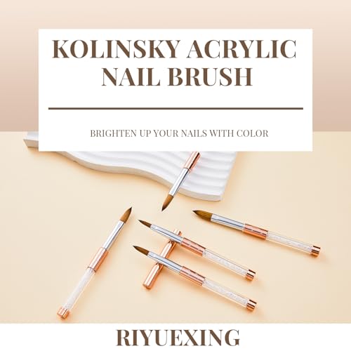 RIYUEXING Bronze Gold 3PCS Kolinsky Nail Brush Set - Size 6/10/12, Oval & Crimped, Professional Acrylic Nail Art Tools