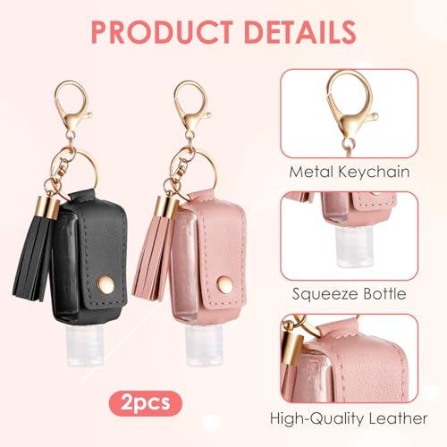 2Pcs Portable Leather Hand Sanitizer Holder, Travel Size Keychain