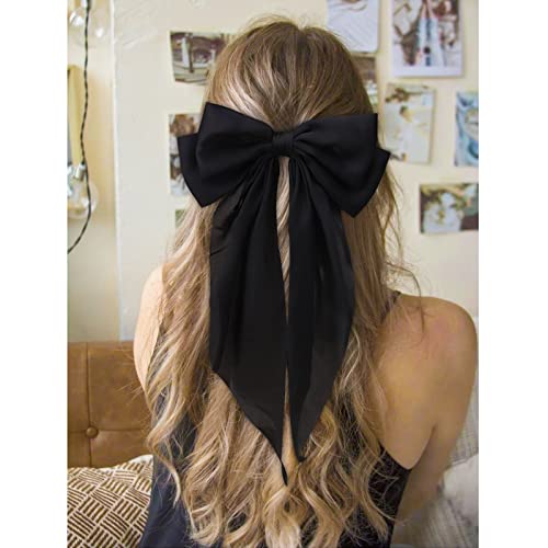 Large Satin Hair Bow Clip for Women - Black Ribbon Barrette