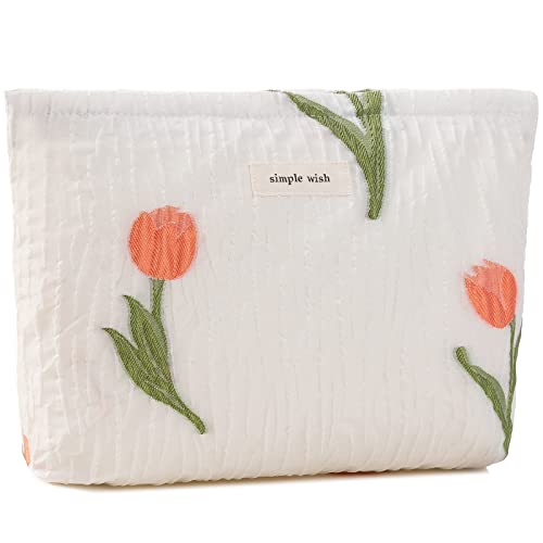 AF Tulip White Makeup Bag for Women Small Floral Cosmetic Pouch Travel Organizer