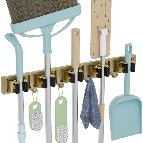 Reliahom Adjustable Broom Holder Wall Mount Storage Rack - 5 Racks & 4 Hooks