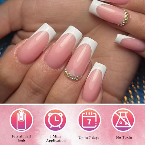 120ct White French Tip Press-On Nails Kit - Long Square Nude w/ White Tips & Adhesive Tabs
