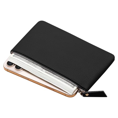 GERUOLA Genuine Leather Zipper Coin & Makeup Bag - Black Travel Organizer