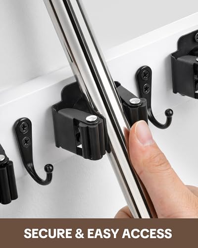 Lorbro Broom Holder Wall Mount - 2 Pack Wooden Organizer with 4 Slots & Hooks