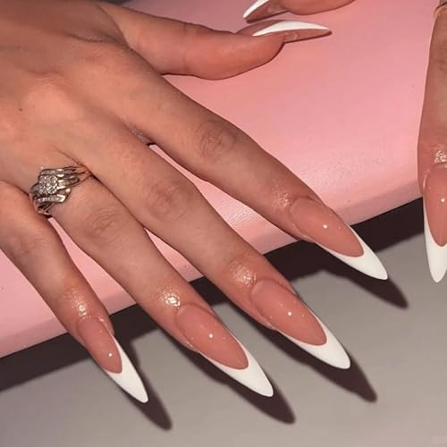 IMRAIN White French Tip Press On Nails - Long Stiletto Acrylic 24 Pcs