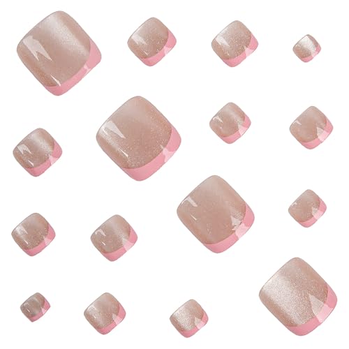 KEHKFSEF French Tip Press-On Toenails Short Square 14 Pink Glitter Fake Nails Spring Summer