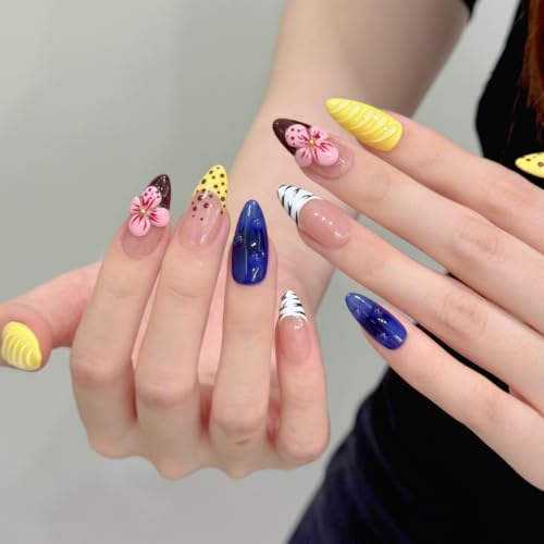 Yacey Handmade 3D Floral Press On Nails - Medium Almond French Tip Set