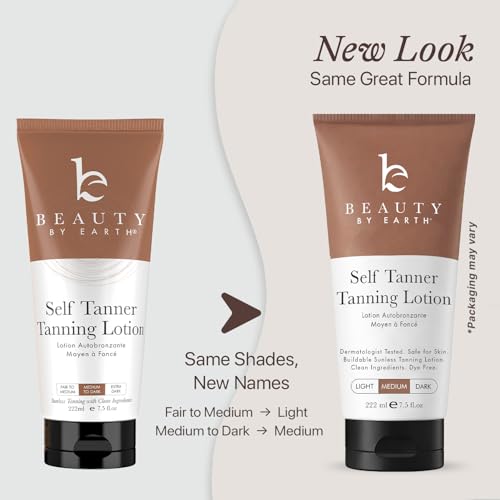 Beauty by Earth Self Tanner - USA Made with Natural & Organic Ingredients, Moisturizing Self Tanning Lotion with Aloe Vera & Coconut for a Natural Glow, Streak-Free Fake Tan (Medium)
