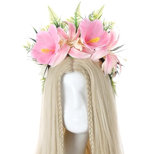 Pink Hawaiian Flower Crown Headband - Tropical Hibiscus Party Accessory