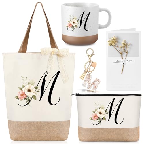 Monogrammed Initial 'M' Gift Set for Women - Jute Tote & Makeup Bag