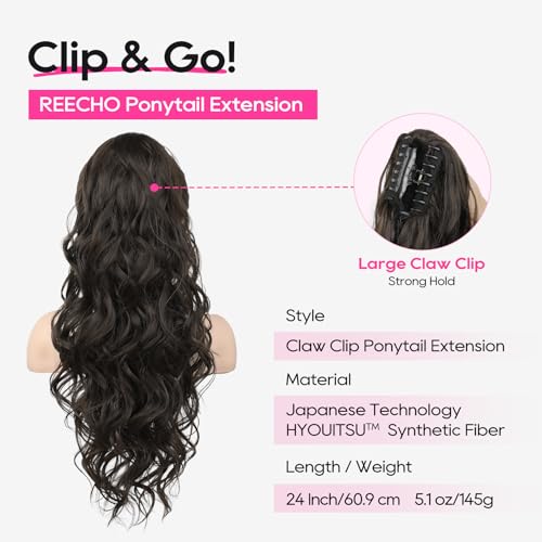 REECHO 24-Inch Dark Brown Ponytail Extension with Claw Clip & Drawstring, Wavy Hairpiece for Women